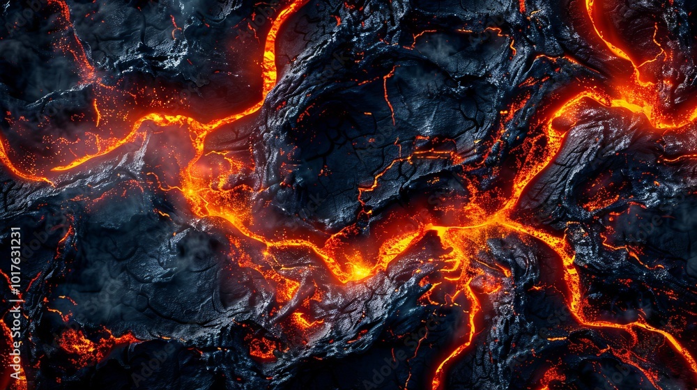 Molten lava cracks through dark volcanic rock, creating a fiery, glowing pattern Molten lava cracks through dark volcanic rock, creating a fiery, glowing pattern