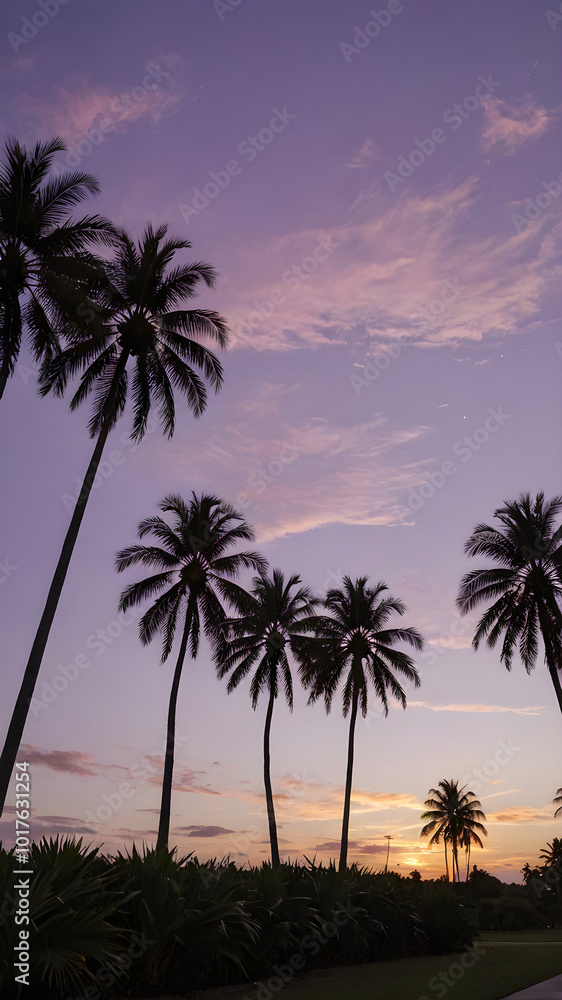 A peaceful tropical sky at dusk, with the sun setting behind a row of palm trees and the sky turning shades of purple and gold
A peaceful tropical sky at dusk, with the sun setting behind a row of palm trees and the sky turning shades of purple and gold