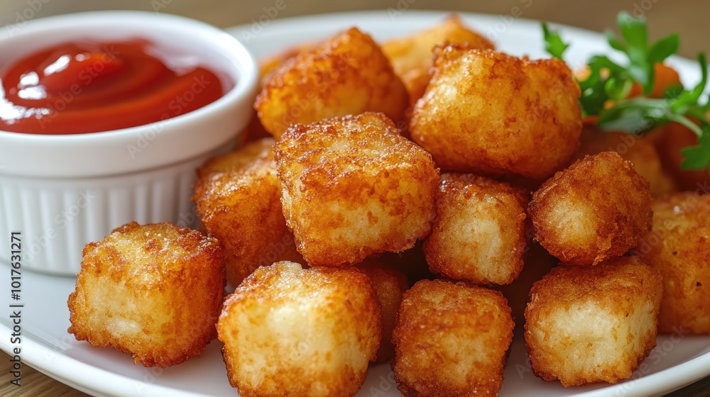 Crispy potato bites with ketchup. Perfect for a snack or appetizer, these golden brown bites are sure to satisfy. Crispy potato bites with ketchup. Perfect for a snack or appetizer, these golden brown bites are sure to satisfy.