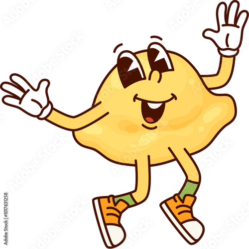 Italian pasta Orecchiette groovy funny character. Orecchiette tasty meal groovy cute personage, Italy cuisine menu raw pasta or Italian restaurant wheat gourmet cartoon funky isolated vector character