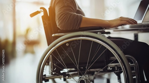 Close-up of a woman's hand using a laptop while sitting in a wheelchair. photo