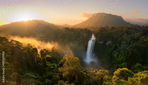 calm waterfall surrounded by lush green vegetation, bathed in golden sunset light. Soft mist rises gently from the water. Calming Rhythms