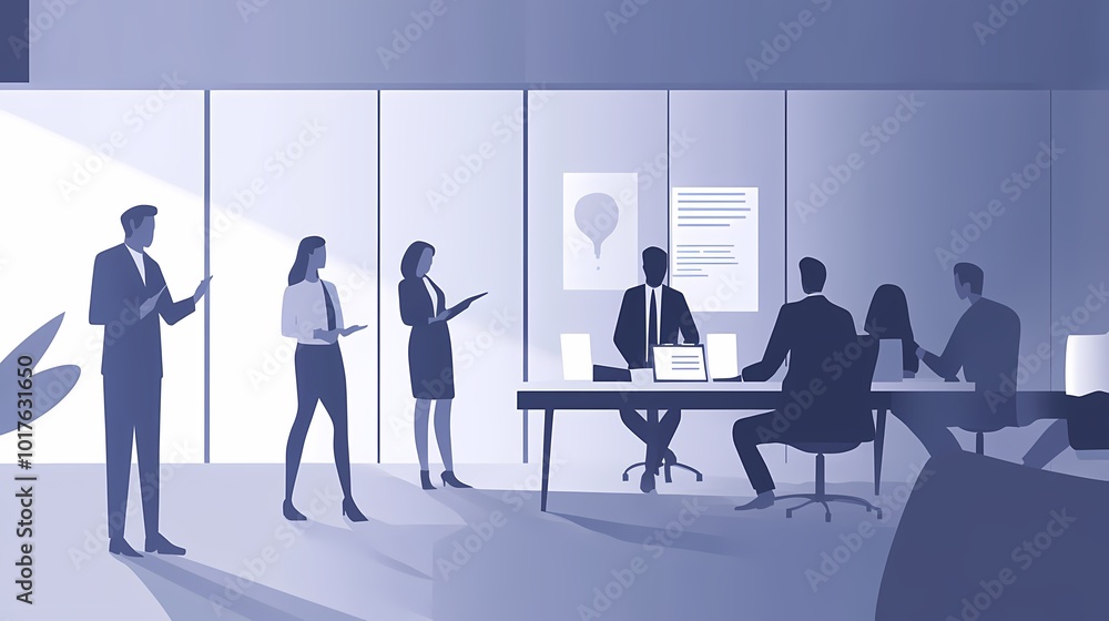 A diverse group of professionals engaged in a meeting in a modern office space. A diverse group of professionals engaged in a meeting in a modern office space.