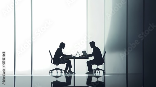 Silhouetted business meeting between a man and woman in a modern office.