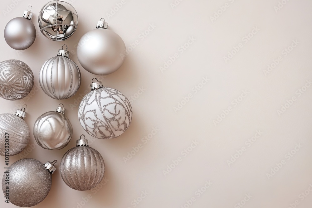 A minimalist collection of silver and white ornaments arranged elegantly on a light backdrop A minimalist collection of silver and white ornaments arranged elegantly on a light backdrop