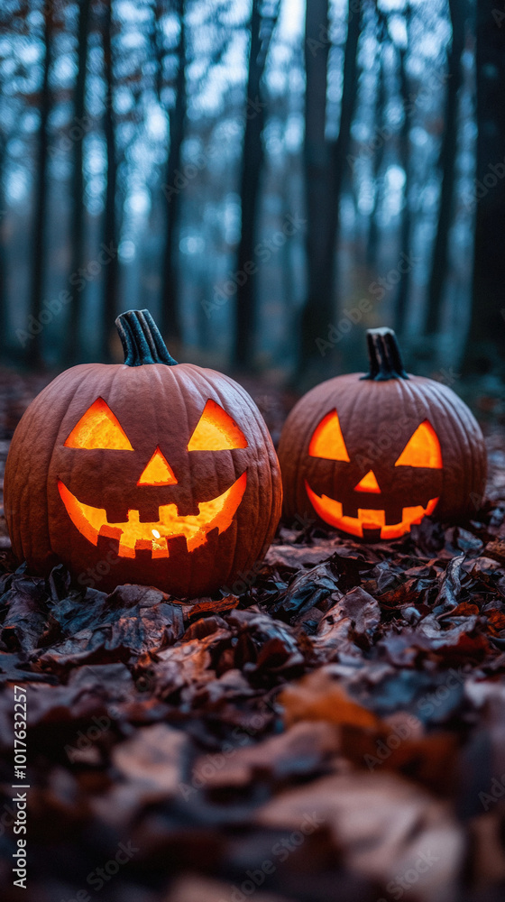 Two pumpkins with glowing eyes and mouths are on the ground in a forest. Scene is spooky and eerie, as the pumpkins seem to be glowing in the dark Two pumpkins with glowing eyes and mouths are on the ground in a forest. Scene is spooky and eerie, as the pumpkins seem to be glowing in the dark