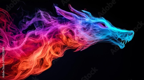 Colorful smoke dragon silhouette against a dark background.