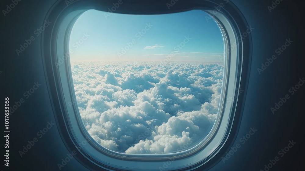 A view of fluffy white clouds from an airplane window. A view of fluffy white clouds from an airplane window.