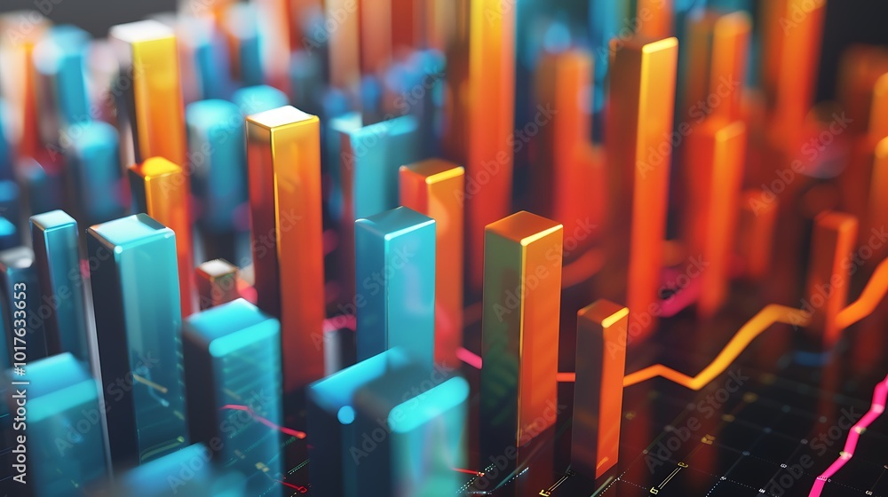 Abstract 3D representation of data graph depicts the rise and fall of financial trends of economic indicators. The textured colors of the graph show a modern approach to information visualization. Abstract 3D representation of data graph depicts the rise and fall of financial trends of economic indicators. The textured colors of the graph show a modern approach to information visualization.