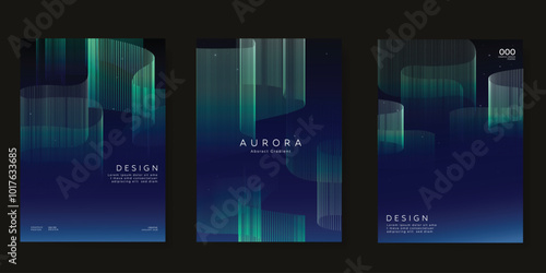 Modern gradient poster aurora design vector set. Minimalist cover template with vibrant northern light line collection. Ideal design for background, social media, cover, banner, flyer, ads.
