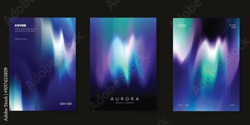 Modern gradient poster aurora design vector set. Minimalist cover template with vibrant northern light collection. Ideal design for background, social media, cover, banner, flyer, ads.