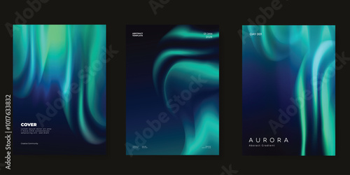 Modern gradient poster aurora design vector set. Minimalist cover template with vibrant northern light collection. Ideal design for background, social media, cover, banner, flyer, ads.