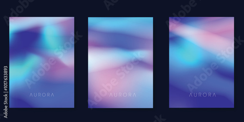 Modern gradient poster aurora design vector set. Minimalist cover template with vibrant northern light collection. Ideal design for background, social media, cover, banner, flyer, ads.