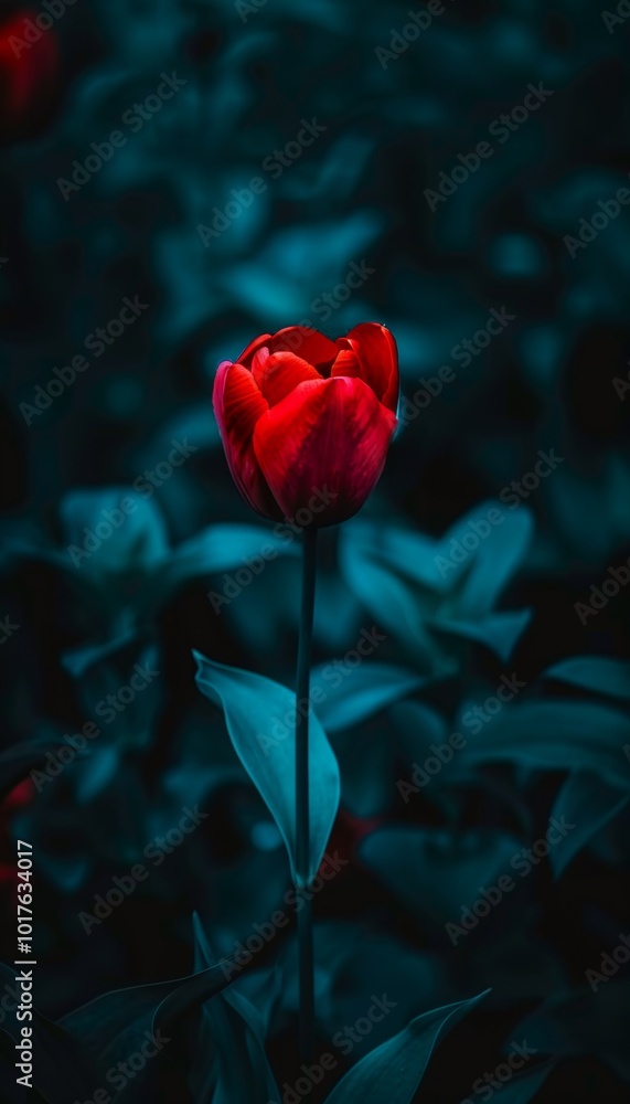 A single red tulip stands out against a backdrop of dark green foliage. A single red tulip stands out against a backdrop of dark green foliage.
