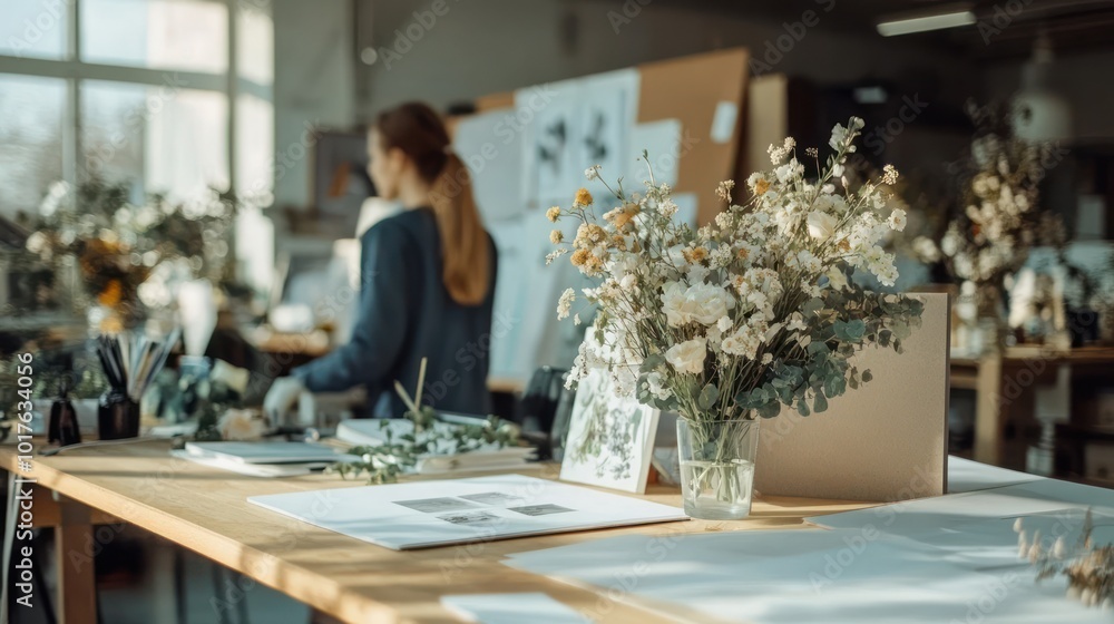 custom made wallpaper toronto digitalA small business event planning office with a team preparing for a wedding, creative mood board on the table, elegant workspace