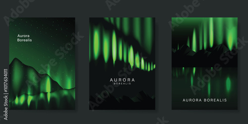 Modern gradient poster aurora design vector set. Minimalist cover template with vibrant northern light, mountain collection. Ideal design for background, social media, cover, banner, flyer, ads.
