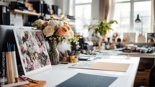 Wallpaper Mural A small business event planning office with a team preparing for a wedding, creative mood board on the table, elegant workspace Torontodigital.ca