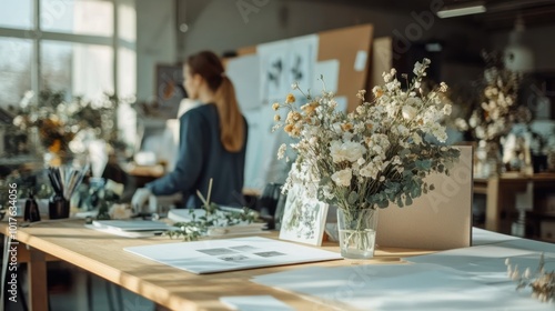Wallpaper Mural A small business event planning office with a team preparing for a wedding, creative mood board on the table, elegant workspace Torontodigital.ca