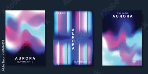 Modern gradient poster aurora design vector set. Minimalist cover template with vibrant northern light collection. Ideal design for background, social media, cover, banner, flyer, ads.