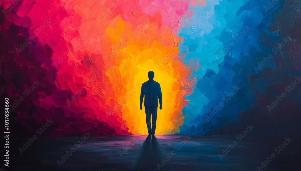 Silhouette of a person standing between vibrant abstract colors. Silhouette of a person standing between vibrant abstract colors.
