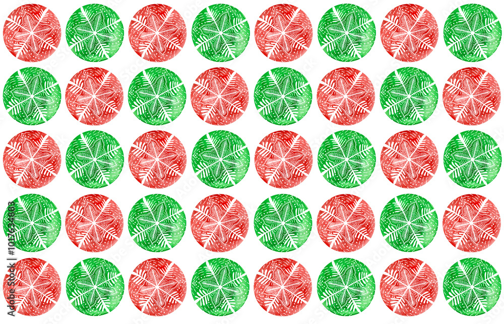 Pattern of snowflakes inscribed in circles. circles of red, green watercolor colors. Repeat in turn. Snowflakes from white lines of different thickness. White background. Pattern of snowflakes inscribed in circles. circles of red, green watercolor colors. Repeat in turn. Snowflakes from white lines of different thickness. White background.