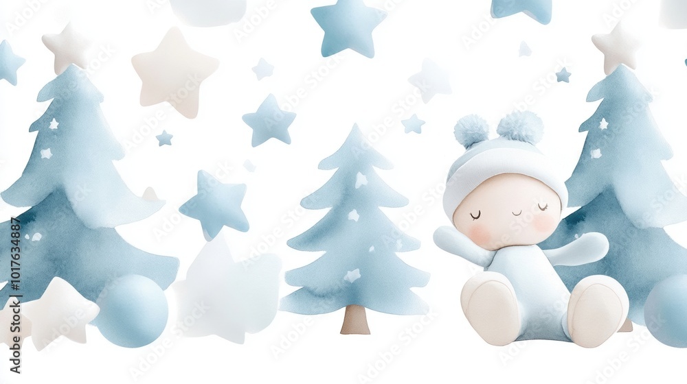 Cute winter scene with a child and trees, soft blue colors, and stars. Cute winter scene with a child and trees, soft blue colors, and stars.