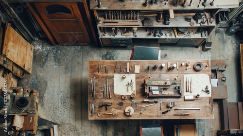 A small business furniture restoration workshop with craftsmen refurbishing vintage pieces, organized workspace with tools and materials