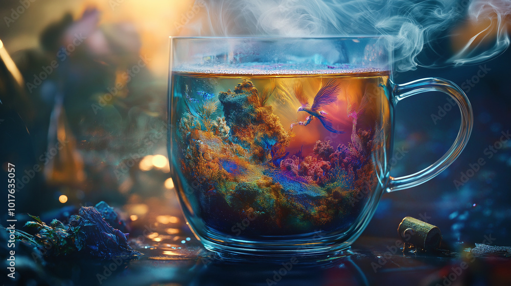 A colorful cup of tea with swirling mist and a fantastical scene of clouds and mythical creatures in a cozy setting A colorful cup of tea with swirling mist and a fantastical scene of clouds and mythical creatures in a cozy setting