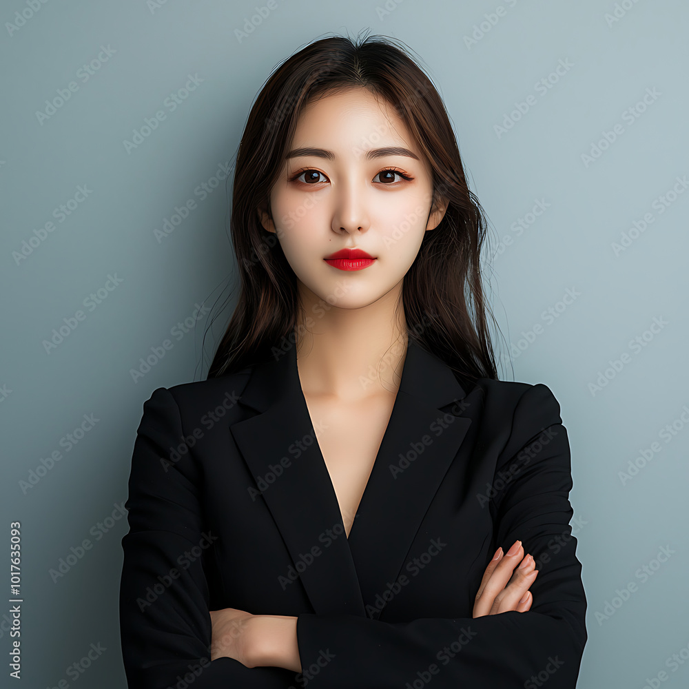 A minimalistic young korean woman portrait professional profile picture with soft color background.