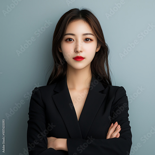Obraz na płótnie A minimalistic young korean woman portrait professional profile picture with soft color background. w salonie