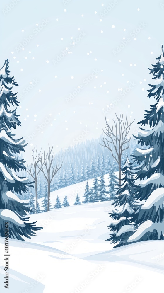 Fototapeta premium Snow-covered trees stand tall in a peaceful winter landscape, while soft flakes fall from the pale sky, creating a serene atmosphere among the hills