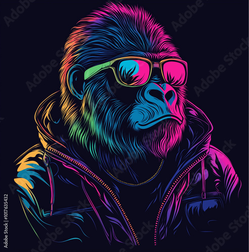 A stylish gorilla wearing sunglasses and a jacket striking a confident pose against a dark background