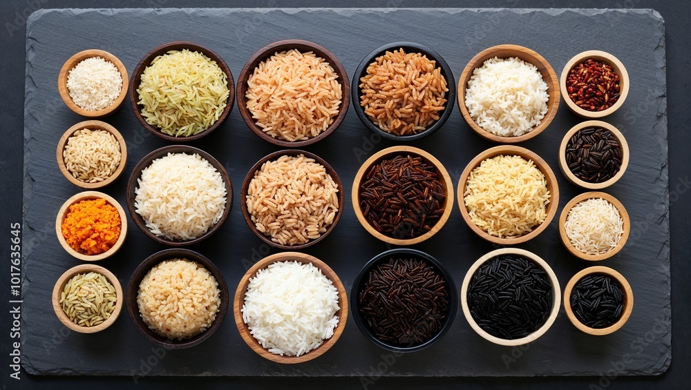 A flat-lay of different varieties of rice, including jasmine, brown, and black rice, each placed in small wooden bowls arranged on a dark slate background. A flat-lay of different varieties of rice, including jasmine, brown, and black rice, each placed in small wooden bowls arranged on a dark slate background.