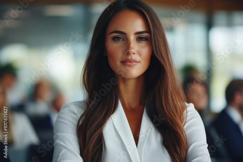 A powerful female CEO standing confidently in front of her team in a corporate office, leading an important meeting.