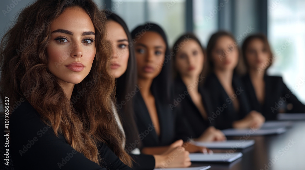 A group of female executives sitting at a large conference table, leading a high-level business meeting in a corporate office. A group of female executives sitting at a large conference table, leading a high-level business meeting in a corporate office.