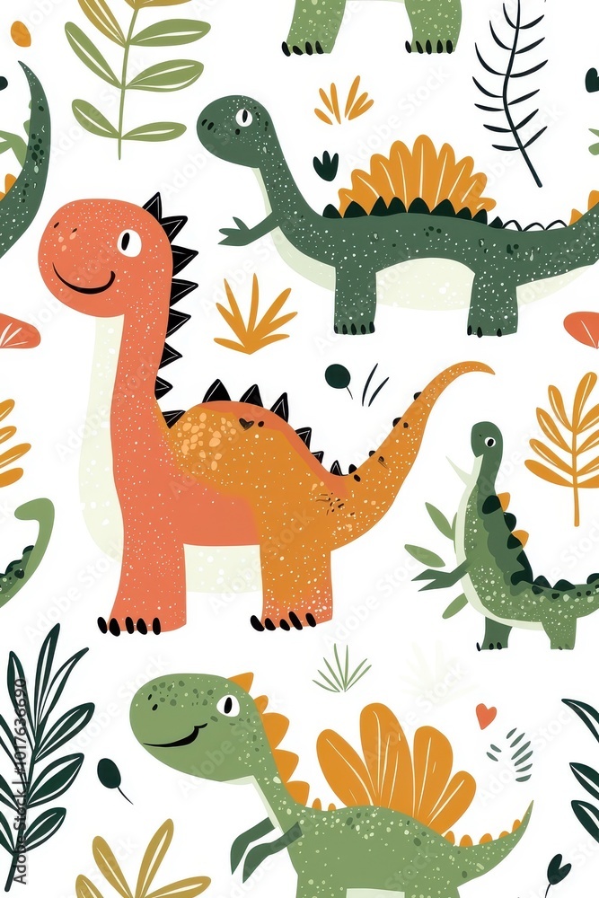 Fototapeta premium A flat style seamless pattern featuring Tyrannosaurus, isolate on white background, showcasing various playful poses.