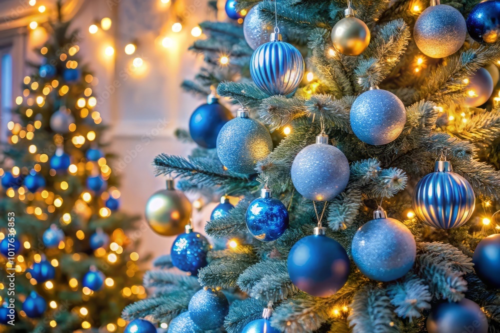Blue Christmas Tree with Ornaments and Twinkling Lights for Festive Holiday Decor Blue Christmas Tree with Ornaments and Twinkling Lights for Festive Holiday Decor