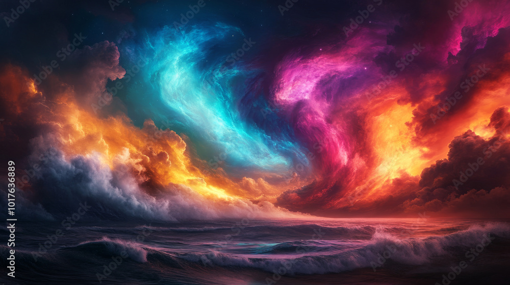 A mystical representation of the Aurora Borealis in myth, with ancient gods depicted as controlling the flow of the lights in the sky.