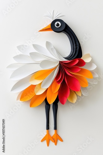 A multicolored paper art depiction of an ostrich, isolate on white background, highlighting creativity and detail. photo