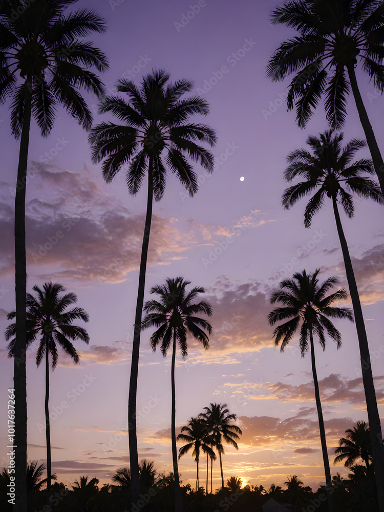 A peaceful tropical sky at dusk, with the sun setting behind a row of palm trees and the sky turning shades of purple and gold
A peaceful tropical sky at dusk, with the sun setting behind a row of palm trees and the sky turning shades of purple and gold