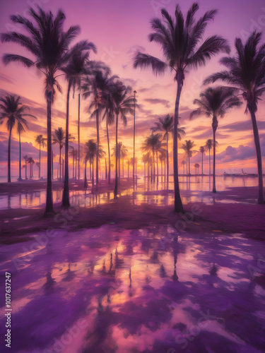 A peaceful tropical sky at dusk, with the sun setting behind a row of palm trees and the sky turning shades of purple and gold 