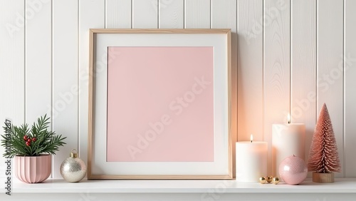 gentle pink photogram with white background stands on white wooden shelf, minimalist elegant christmas decoration, candles, beautiful christmas toys