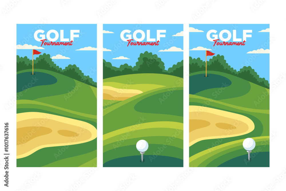 Fototapeta premium golf course with sand trap, ball on tee, hole and flag vertical oriental background vector illustration collection for golf club sport and tournament banner, poster, flyer, wallpaper and any media