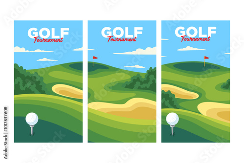 golf course with ball on tee, hole, flag and sand trap vertical oriental background vector illustration collection for golf club sport and tournament banner, poster, flyer, wallpaper and any media