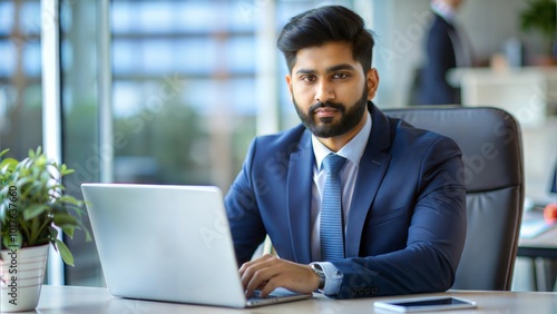 An Indian Handsome Businessman Sitting at a Desk in a Corporate Office, Wearing Formal Attire and Focused on Work 