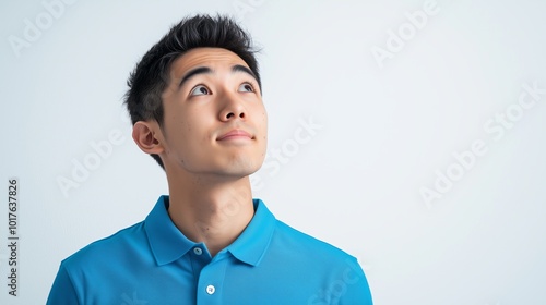 A young man wearing a blue polo shirt looks upwards with a contemplative expression