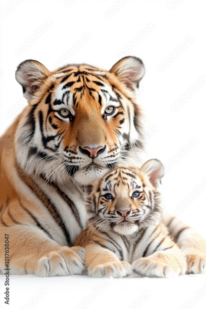 A family of tigers, isolate on white background, showcasing togetherness and bond. A family of tigers, isolate on white background, showcasing togetherness and bond.