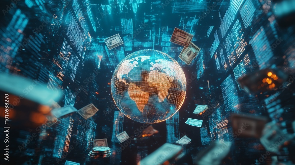 A digital representation of Earth surrounded by floating data and currency, suggesting a connection between global finance and technology. A digital representation of Earth surrounded by floating data and currency, suggesting a connection between global finance and technology.
