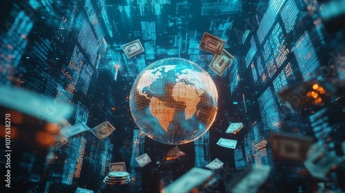 A digital representation of Earth surrounded by floating data and currency, suggesting a connection between global finance and technology.