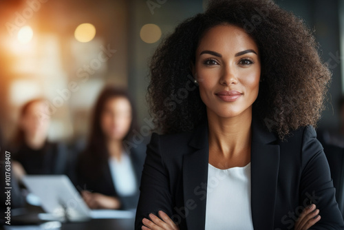 A businesswoman leading a team of professionals, working together on strategic business development in a formal boardroom.